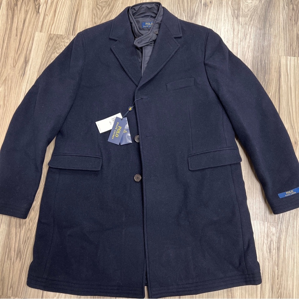 Polo Ralph Lauren Navy Wool Blend Overcoat Includes Quilted Vest Size 46R $1298